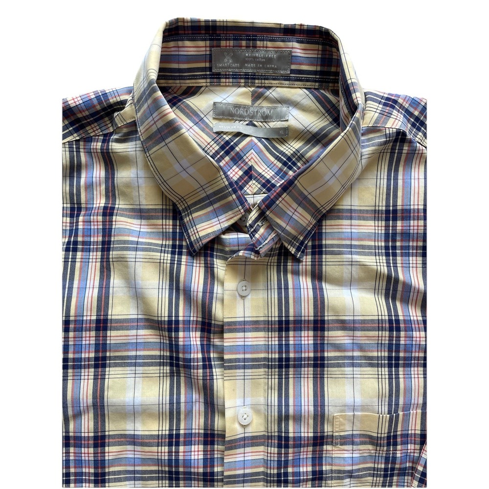 Nordstrom Yellow Plaid Shirt Mens XL Short Sleeve Wrinkle Free Cotton Button Up - Picture 3 of 8